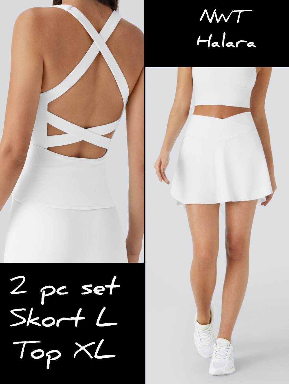 (2) NWT Halara White Tennis Set Longer Length Skort & Bra-Free Top Sz L /XL Gym